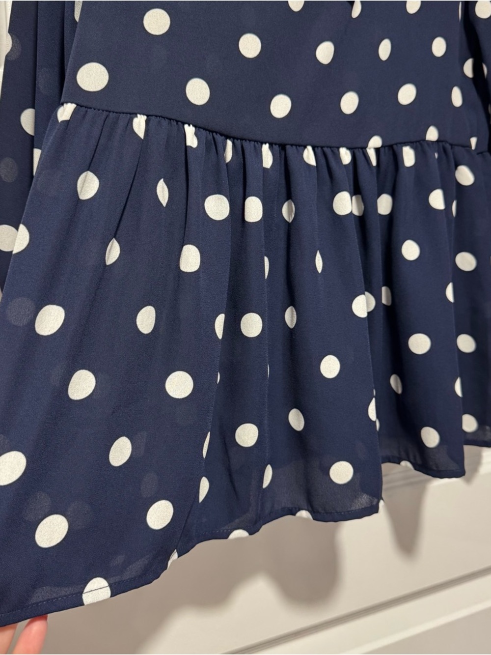 Ruffled V-Neck Polka Dot Peplum Blouse - Navy - Picture 5 of 10